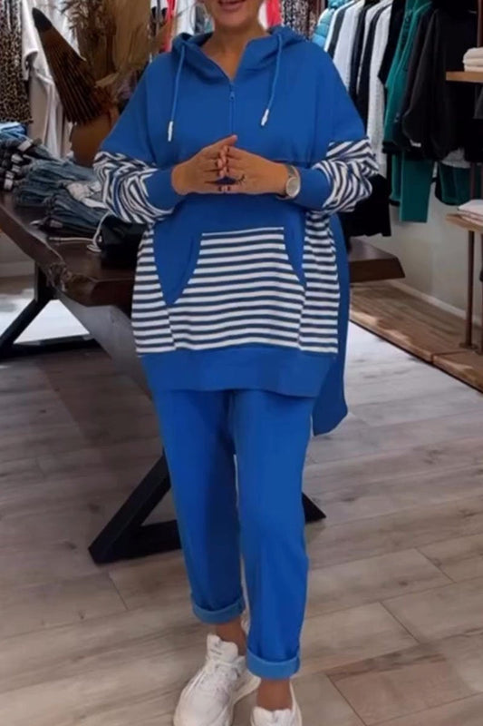 Women's Casual Striped Patchwork Hooded Sweatshirt Two-Piece Set blue