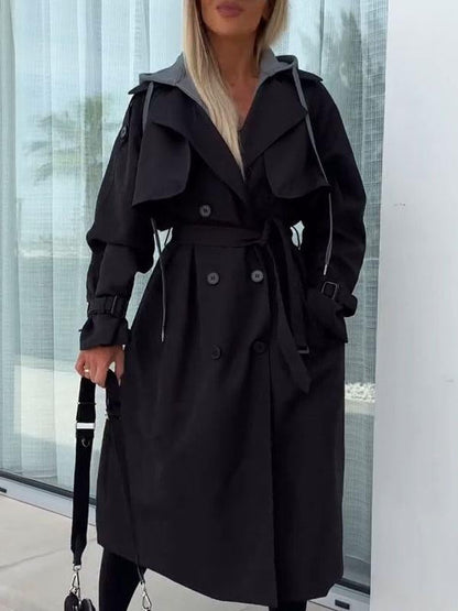 Women's Hooded Long Sleeve Trench Coat black