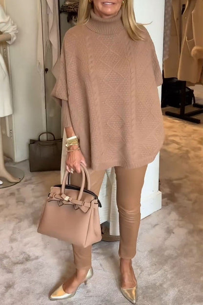 Women's Turtleneck Long Sleeve Sweater Two Piece Set khaki