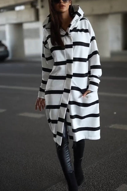 Women's Casual Hooded Striped Mid-length Coat White