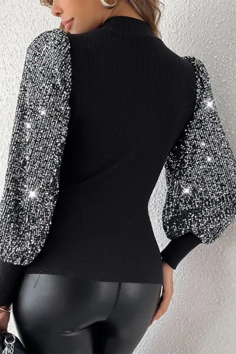 Women's Casual Round Neck Sequin Sleeve Top