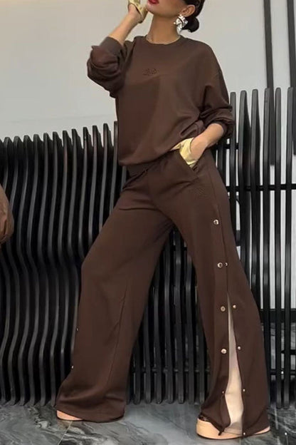 Women's Two-piece Crew Neck Sweatshirt and Slit Trousers Set brown