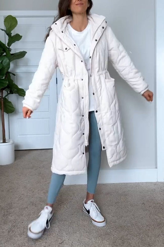 Women's Casual Hooded Single-breasted Long Cotton Coat off-white