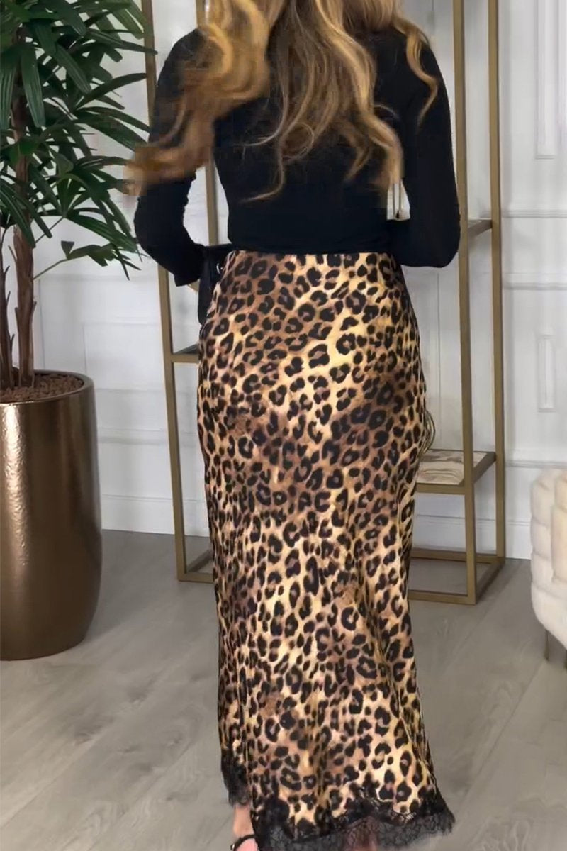 Women's Turtleneck Top and Leopard Print Skirt Two-piece Set