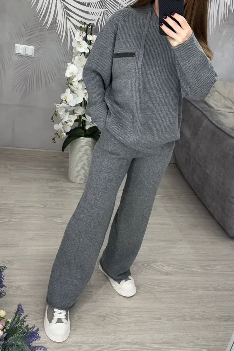 Women's Hooded Long-sleeved Knitted Sweater Two-piece Set grey