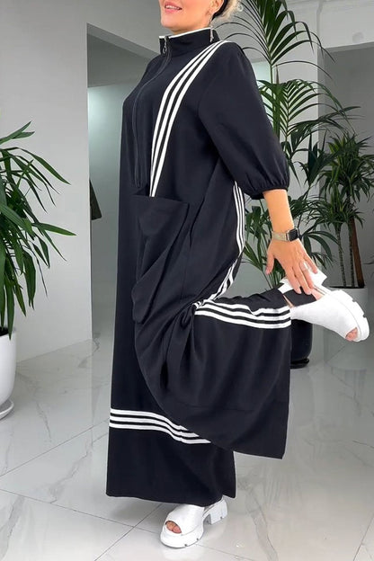 Women's Lapel Mid-Sleeve Striped Casual Jumpsuit