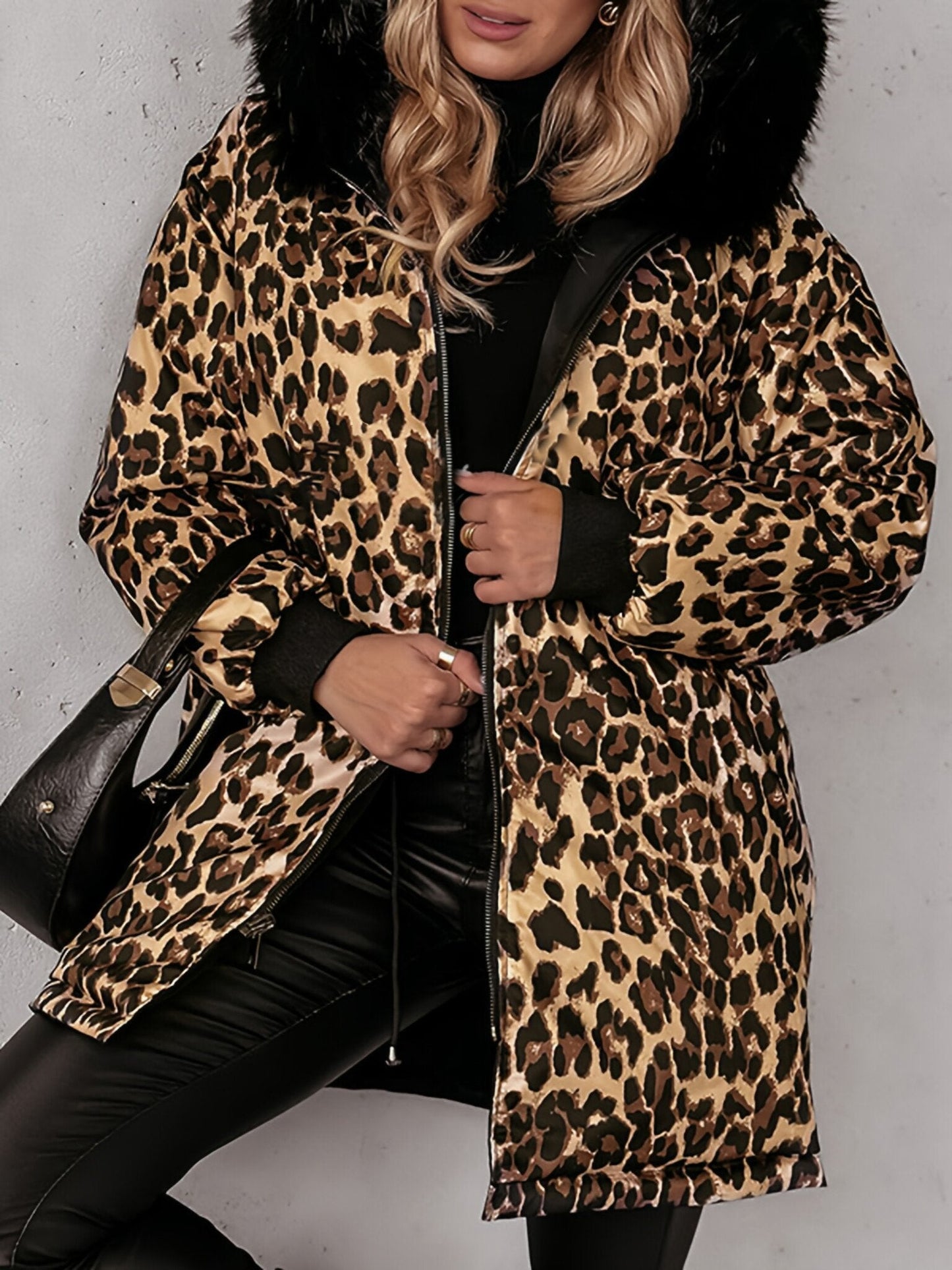 Women's Leopard Print Hooded Reversible Coat