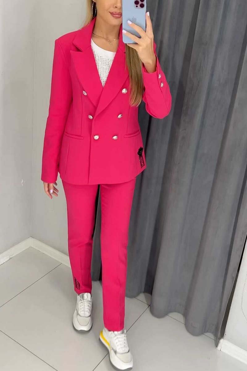 Women's fashionable double breasted lapel suit two piece set Rose Red