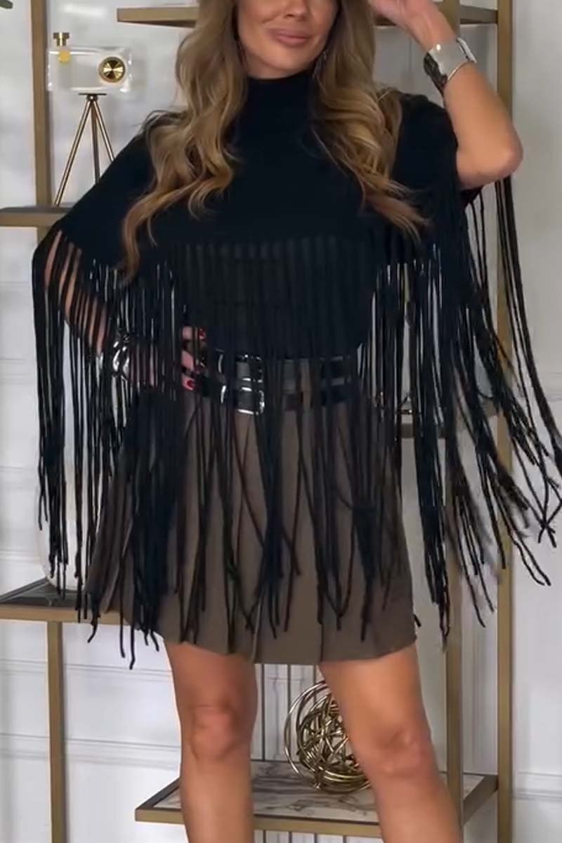 Women's Fashionable High Neck Fringed Knitted Top