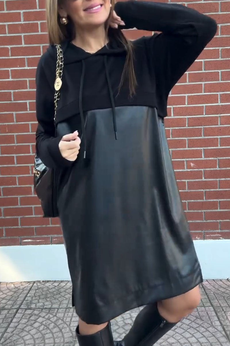 Women's Casual Solid Color Long Sleeve Pu Dress black