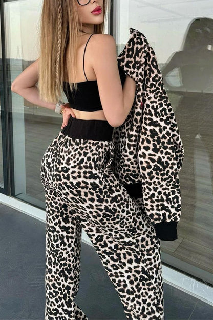 Women's Casual Stand-up Collar Leopard Printed Two-piece Suit