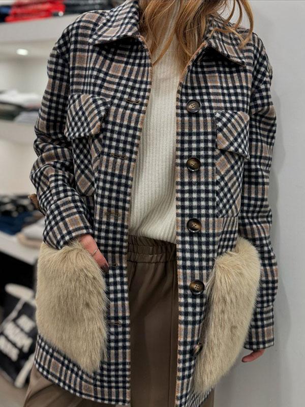 Women's Lapel Plaid Patchwork Coat khaki