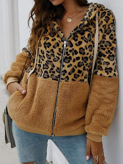 Women's Casual Leopard Print Patchwork Hooded Plush Jacket Khaki