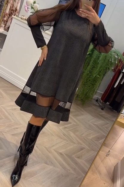 Women's Round-neck Long-sleeved Mesh Dress dark gray