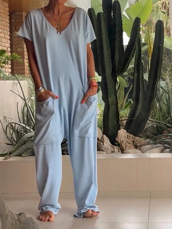 Casual V-neck Solid Color Jumpsuit blue