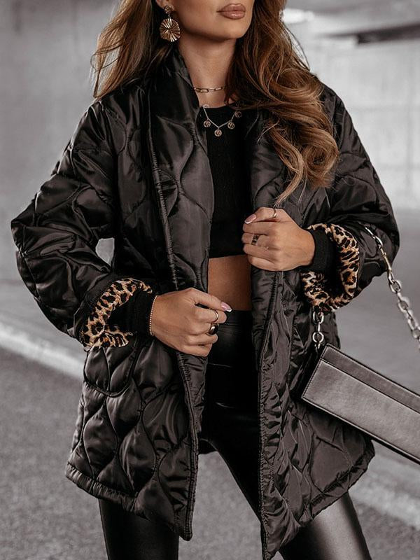 Women's Leopard Print Patchwork Lapel Coat black