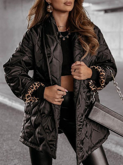 Women's Leopard Print Patchwork Lapel Coat black