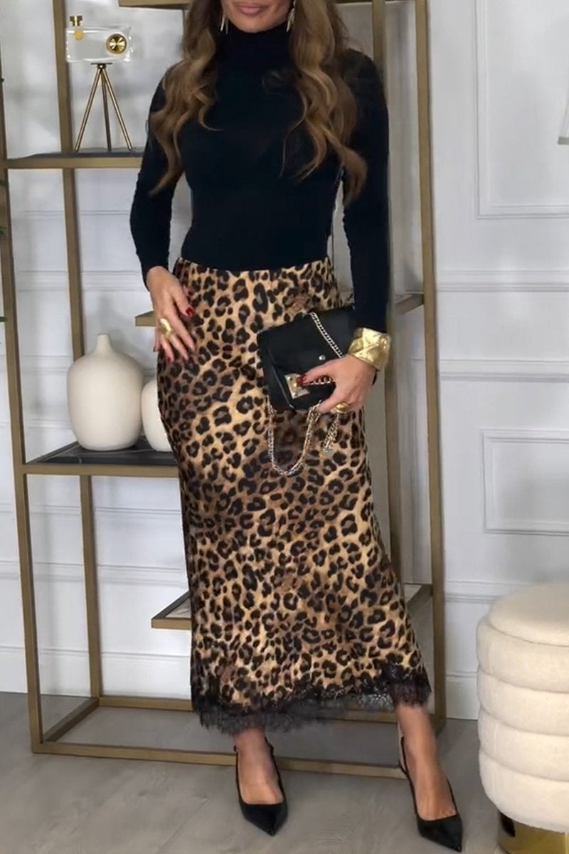 Women's Turtleneck Top and Leopard Print Skirt Two-piece Set