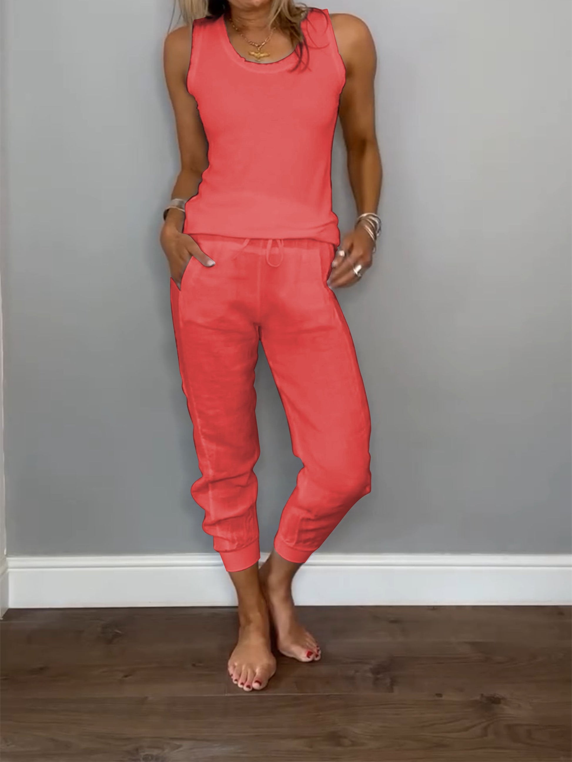 Women's Cotton and Linen Casual Two-piece Set Rose pink