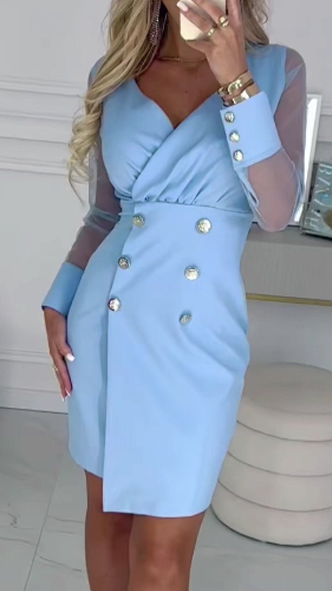 Women's V-neck Long-sleeved Elegant Patchwork Dress blue