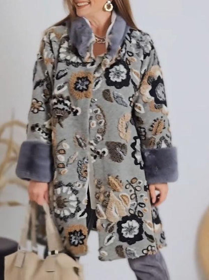 Women's Fur Collar Printed Patchwork Coat floral