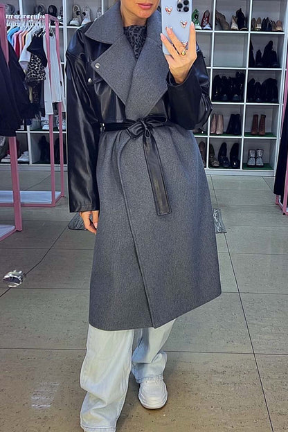 Women's fashionable PU patchwork coat Dark Gray