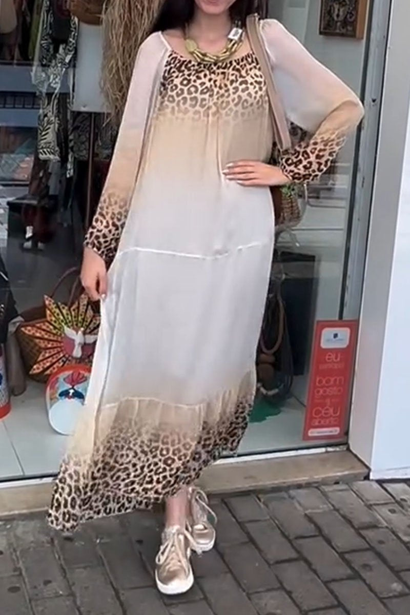 Women's Casual Leopard Ombre Print Long Sleeve Dress