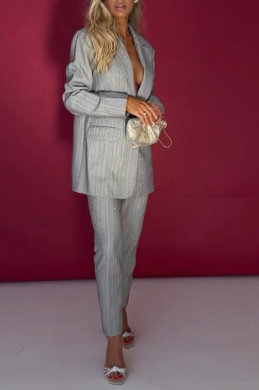 Women's Casual Lapel Shiny Two-piece Suit gray