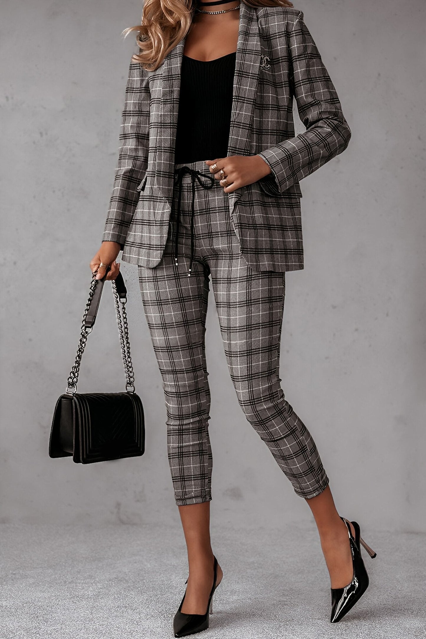 Women's Plaid Long Sleeve Blazers Suit grey