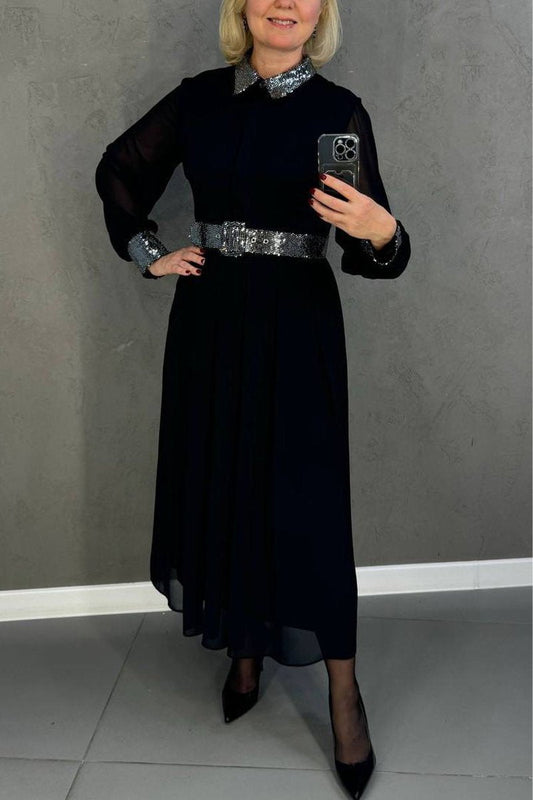 Women's Casual Lapel Long Sleeve Shiny Dress black