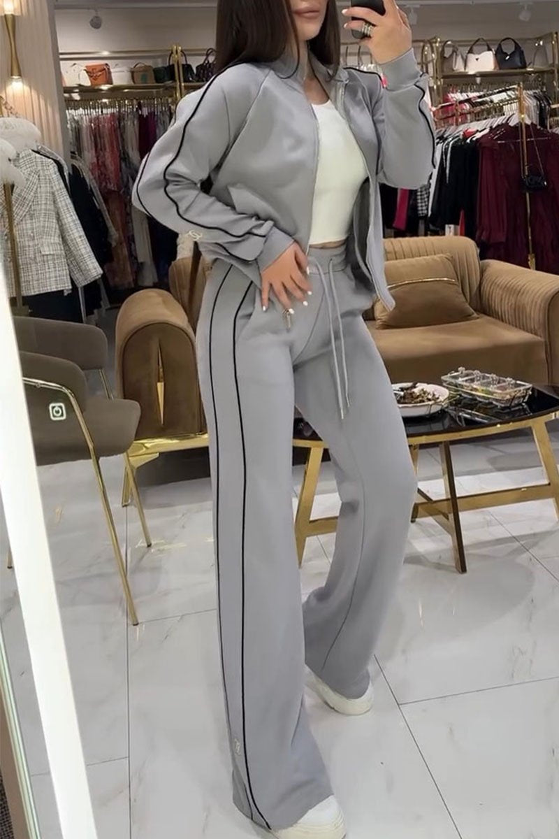 Women's Long Sleeve Line Jackets Two Piece Set grey