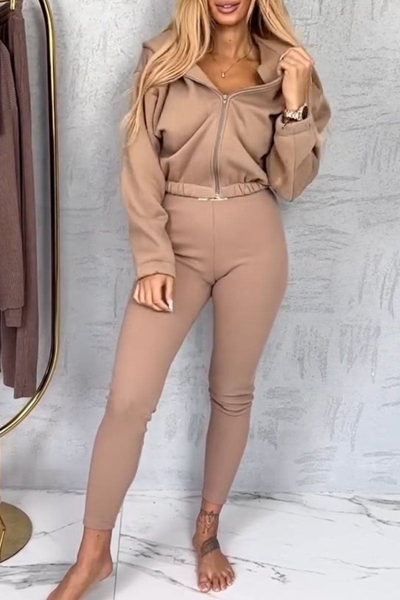 Women's Solid Color Hoodies and Trousers Two-piece Set khaki