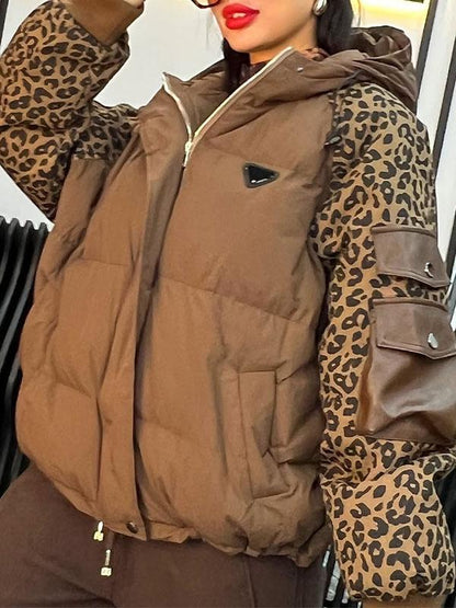 Women's Leopard Print Hooded Patchwork Coat