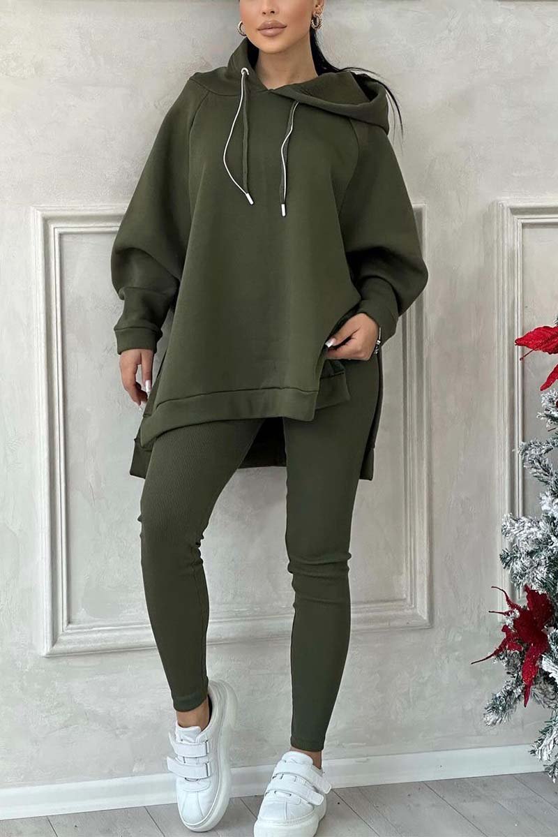 Women's casual solid color slit hem hooded sweatshirt sports suit Dark Green