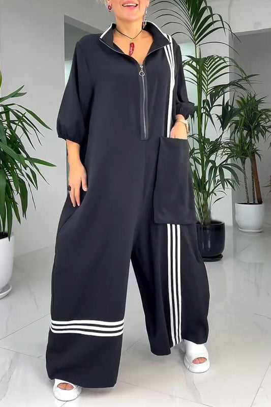 Women's Lapel Mid-Sleeve Striped Casual Jumpsuit black