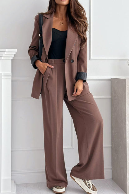 Women's Solid Color Sleeves Contrast Color Fashion Suit Brown