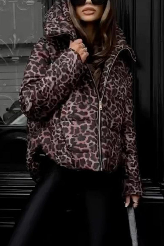 Women's Casual Hooded Leopard Printed Thick Coat brown