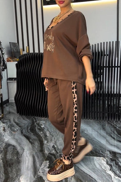 Women's V-neck Long-sleeved Leopard Print Casual Suit