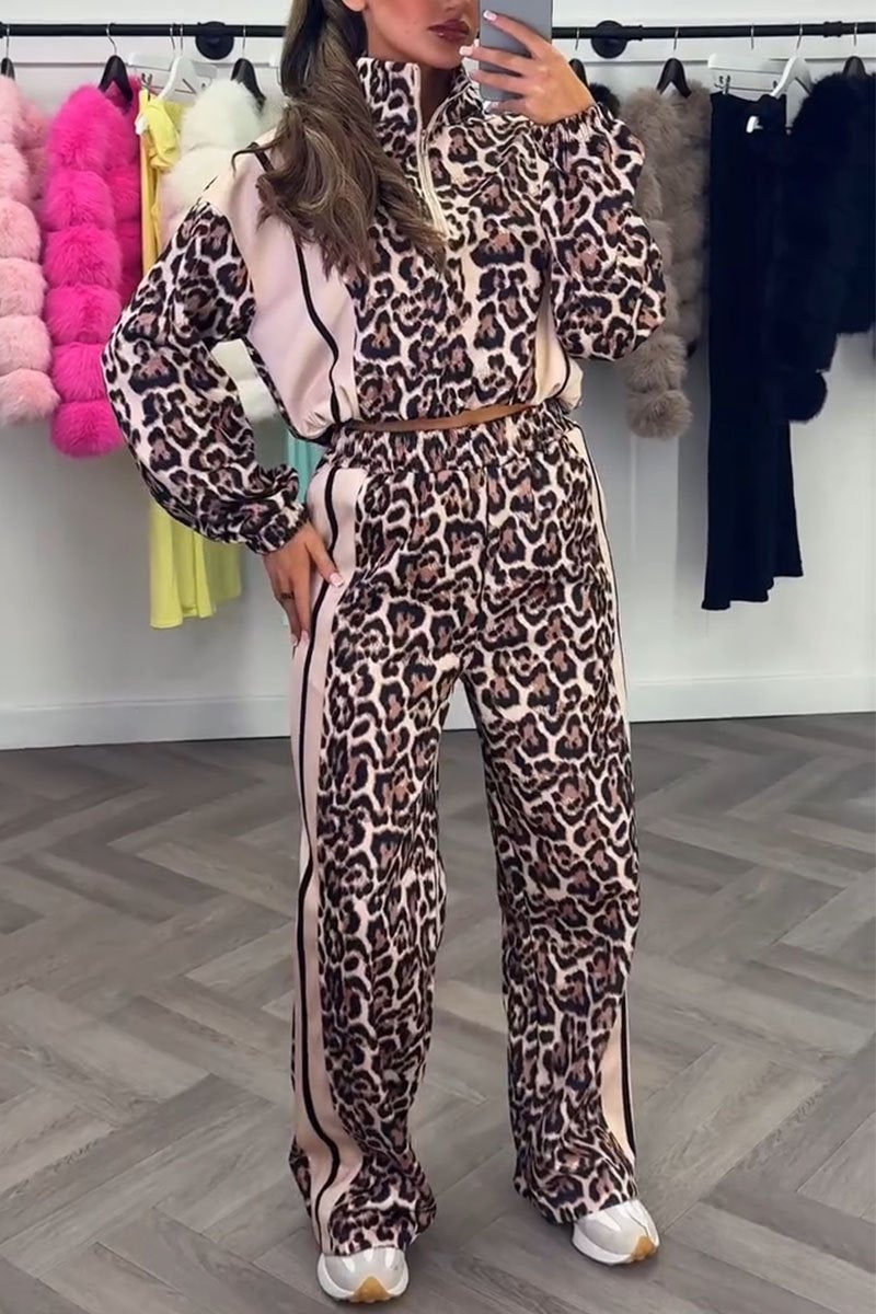 Women's Striped Patchwork Leopard Print Two-Piece Set