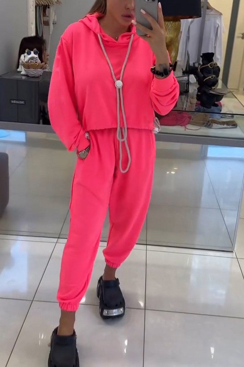 Women's Casual Hooded Drawstring Two Piece Suit pink