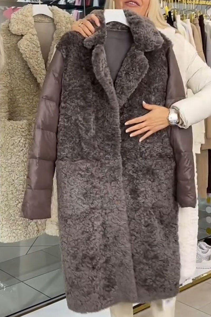 Women's Lapel Plush Patchwork Long Coat dark-grey