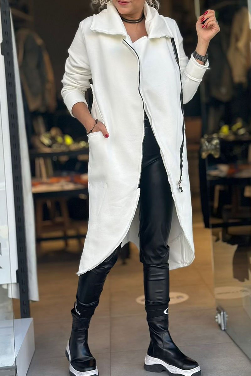 Women's Lapel Long-sleeved Patchwork Trench Coat white