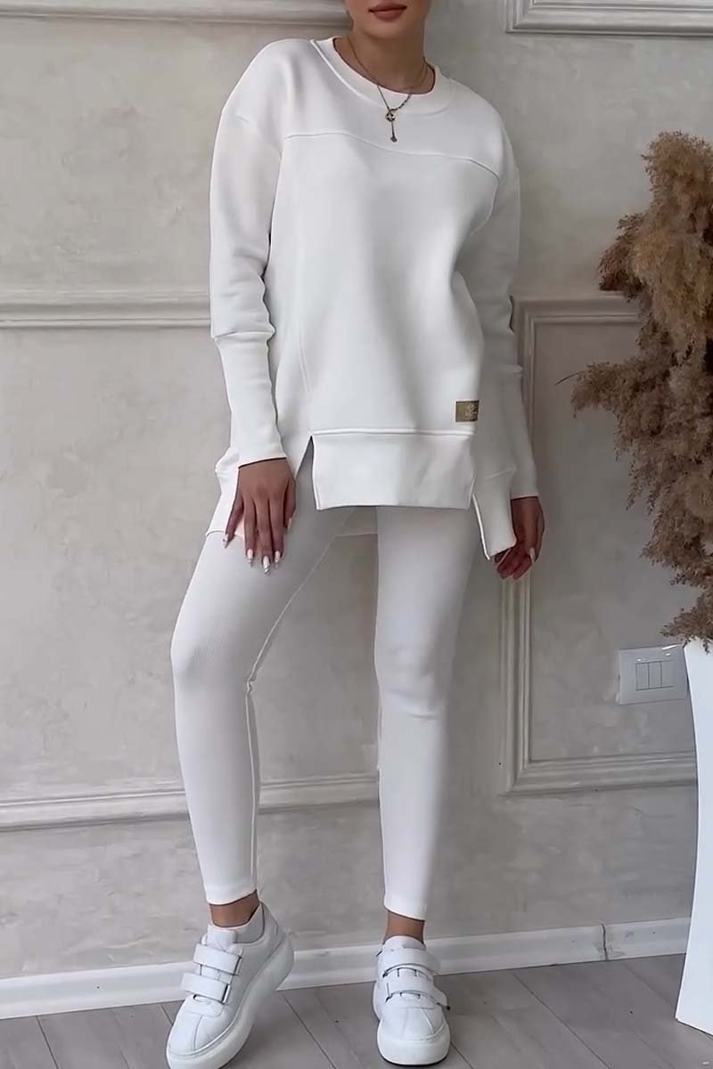 Women's Casual Solid Color Round Neck Long Sleeve Slit Hem Sweatshirt Leggings Set