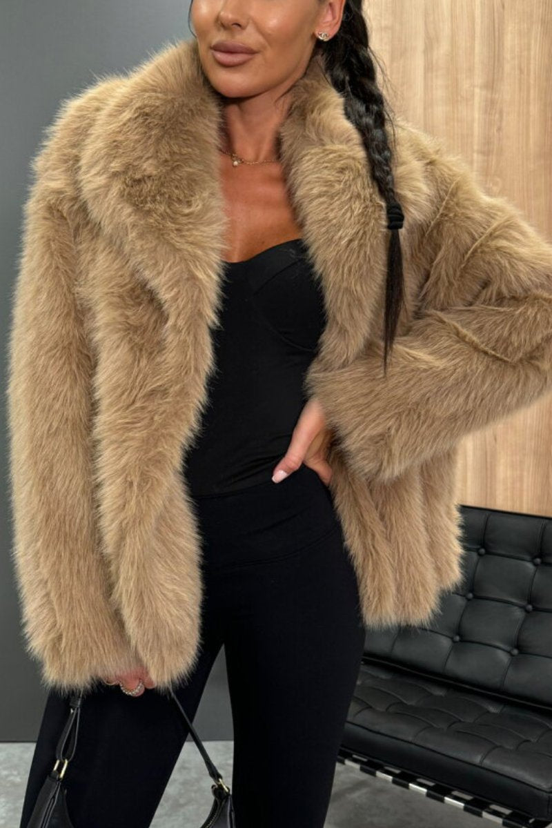 Women's Lapel Long Sleeve Faux Fur Coat brown