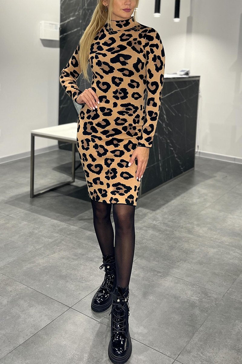 Women's Casual High Collar Leopard Printed Dress apricot