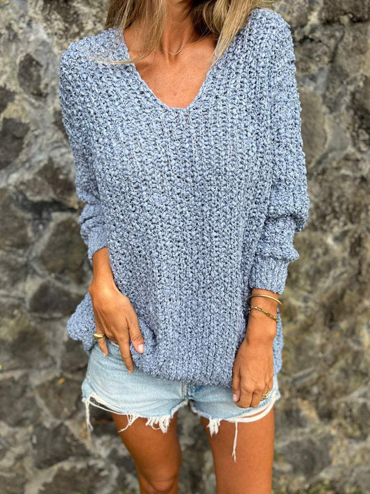 Knitted V-neck Long-sleeved Top blue