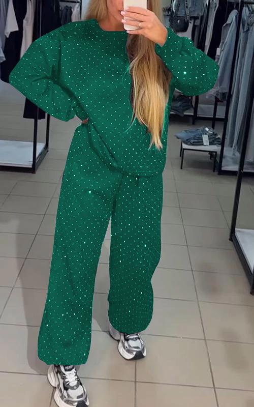 Women's Casual Round Neck Diamond Hooded Two Piece Suit green