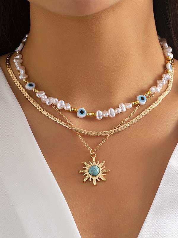 Retro contrasting color personalized eye pearl sun turquoise pendant necklace