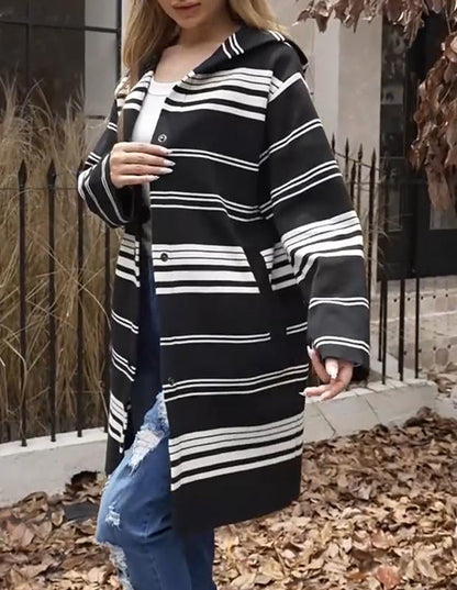 Women's Knitted Hooded Long-sleeved Striped Coat