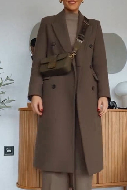 Women's V-neck Solid Color Long Coat brown